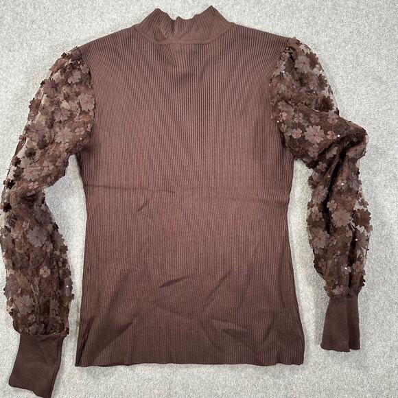 Cato Brown Ribbed Mock Neck Embellished Flower Blouse Women's XL Puff Sleeve - Picture 9 of 9
